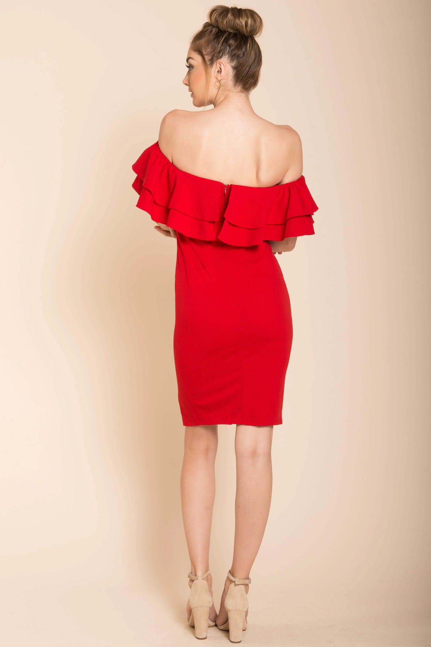 Red Off-The-Shoulder Ruffle Bodycon Knee-Length Dress