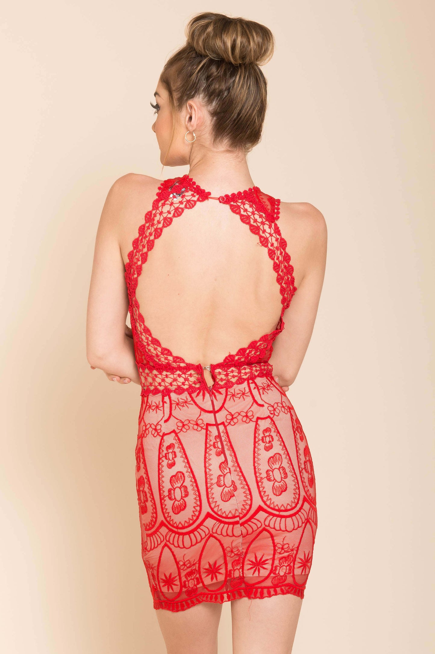 Red Lace V-Neck Open-Back Bodycon Mini Dress