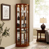 Walnut Cabinet With 6 Shelves, Adjustable Glass & Mirrored Back Design Shelf Lighted Corner Curio Shelves In
