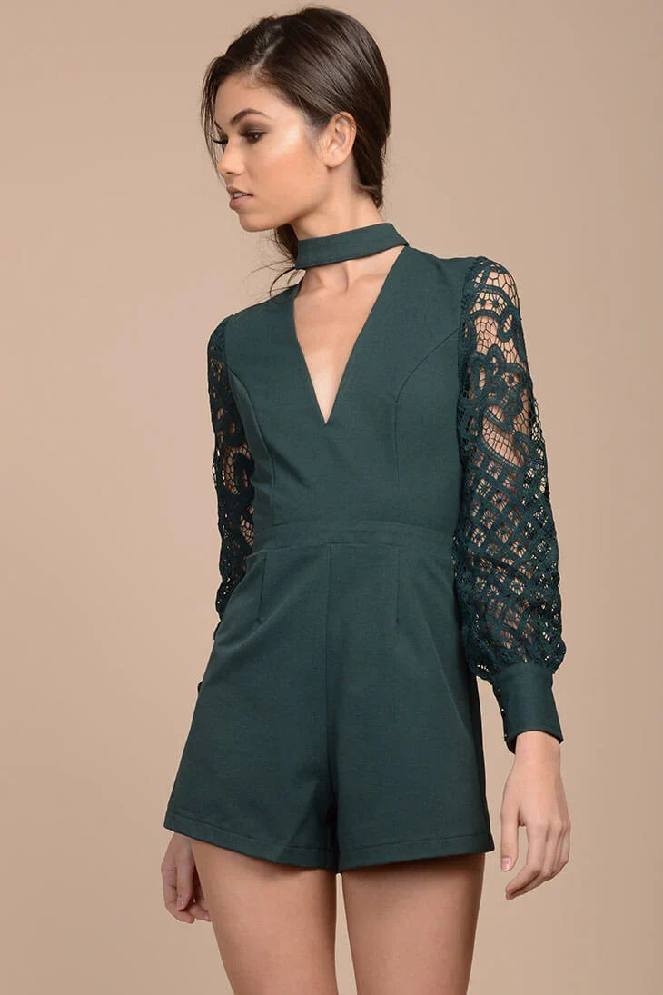 Dark Green Choker Neck Long Sleeve Lace Sleeve Romper