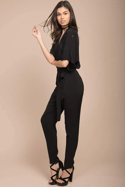 Black Half-Sleeve V-Neck Tie-Waist Bohemian Jumpsuit