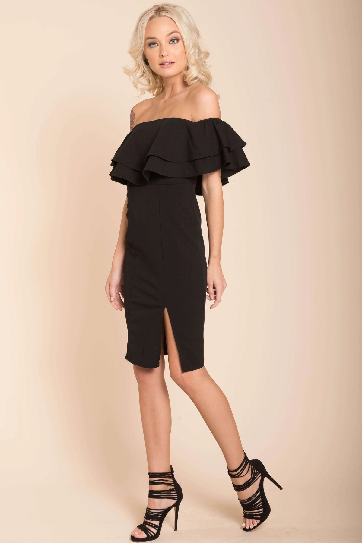Black Off-The-Shoulder Ruffle Bodycon Knee-Length Dress