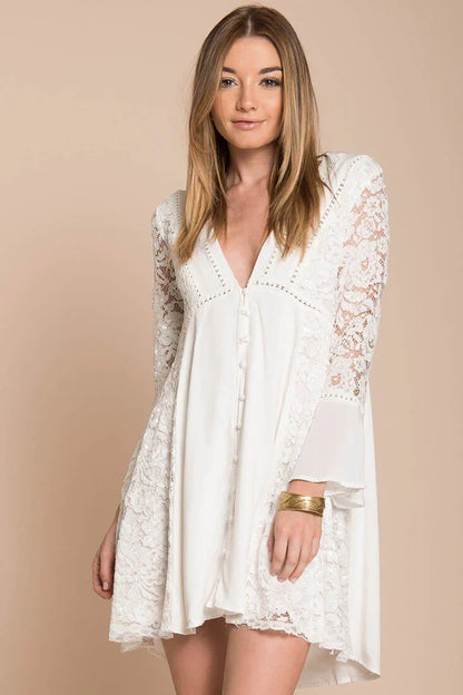 White V-Neck Long Lace Sleeve Swing Mini Dress