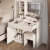 Montary Modern Mini Vanity w/Adjustable LED Mirror + Hidden Storage, Padded Stool & Dustproof Shelves (White)