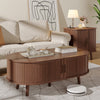 Oval Coffee Table, 42.5" Drum Coffee Table with Sliding Tambour Door, Fluted Accent Center Table with Storage, Mid Century Modern Coffee Table for Living Room, Center Table Walnut