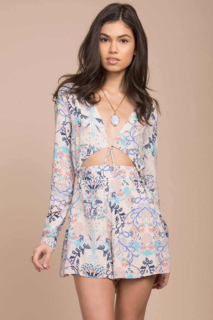 Blue Multi Long Sleeve Cut-Out Bohemian Romper