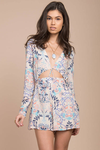 Blue Multi Long Sleeve Cut-Out Bohemian Romper