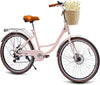 26" Beach Cruisers for Women, Pipleo Bikes for Women with Rattan Basket, 7-Speed & Step-Through Frame