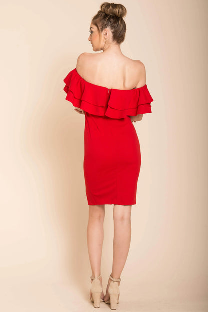 Red Off-The-Shoulder Ruffle Bodycon Knee-Length Dress