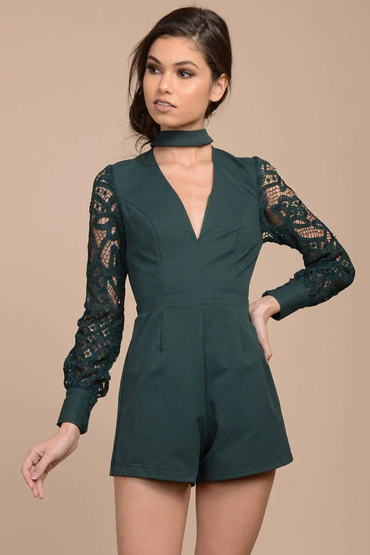 Dark Green Choker Neck Long Sleeve Lace Sleeve Romper