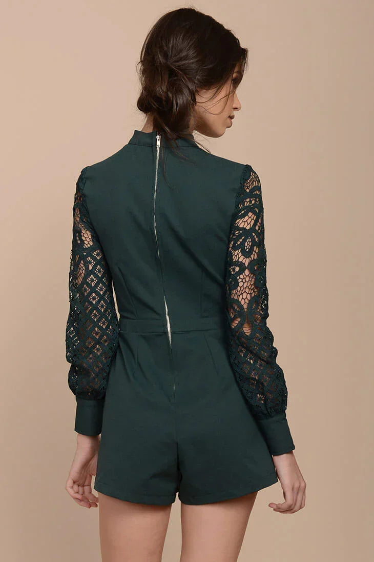 Dark Green Choker Neck Long Sleeve Lace Sleeve Romper