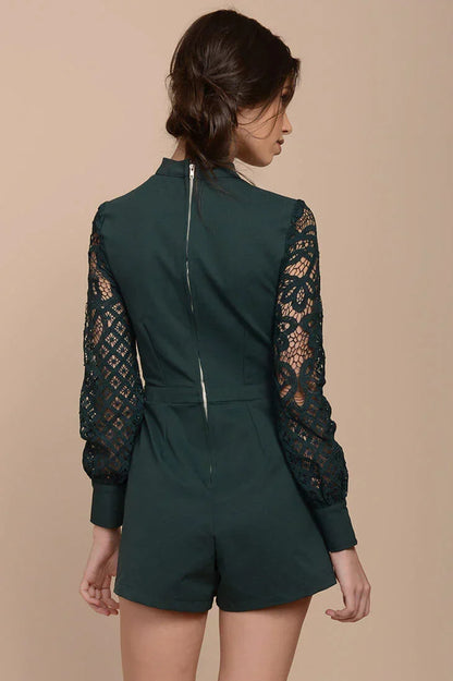 Dark Green Choker Neck Long Sleeve Lace Sleeve Romper