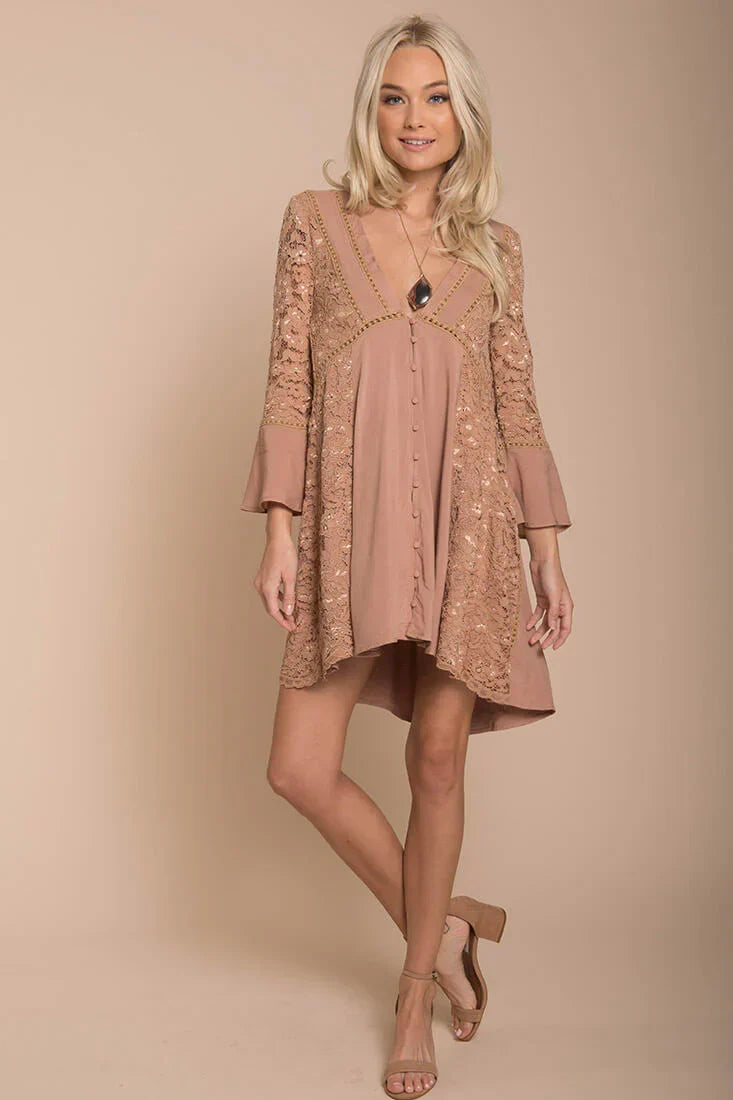 Mocha V-Neck Long Lace Sleeve Swing Mini Dress