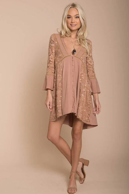 Mocha V-Neck Long Lace Sleeve Swing Mini Dress
