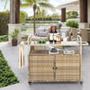 Yiweny Outdoor Rolling Wicker Bar Cart, Large Portable Outdoor Wicker Bar Table with Cabinet Storage and Glass Countertop, Patio Wicker Serving Bar Cart for Pool, Party, Backyard, Black