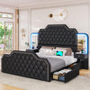 Queen Bed Frame with 2 Nighstands, Power Outlets and 4 Drawers, Upholstered Bed with Vanity Tables and Mirrors, Modern Velvet Tufted Platform Bed with Headboard & Footboard, Black