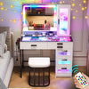 HNEBC Vanity Desk with Mirror and RGB Lights, Glass Top Makeup Vanity with Auto Sensor Lights and Wireless Charging, Vanity Table Set with Cushion Stool, Dressing Table with 6 Drawers (White)
