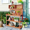 65" Large Wooden Farmhouse Rustic Outdoor Potting Bench Table, Garden Workstation with 4 Storage Shelves and Side Hooks, Natural