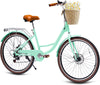 26" Beach Cruisers for Women, Pipleo Bikes for Women with Rattan Basket, 7-Speed & Step-Through Frame