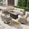 Ovios 10 Pieces Outdoor Patio Furniture Modern High-Back All-Weather Wicker Sectional Conversation Set with Propane Fire Pit Table & Swivel Chair, Dark Gray