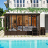 Domi Outdoor Living 10' x 12' Hardtop Lean-to Gazebo, Wall-Mounted with Galvanized Steel Roof Wall Pergola with Aluminum Frame, Curtains and Netting, for Patio, Deck, Garden, Backyard