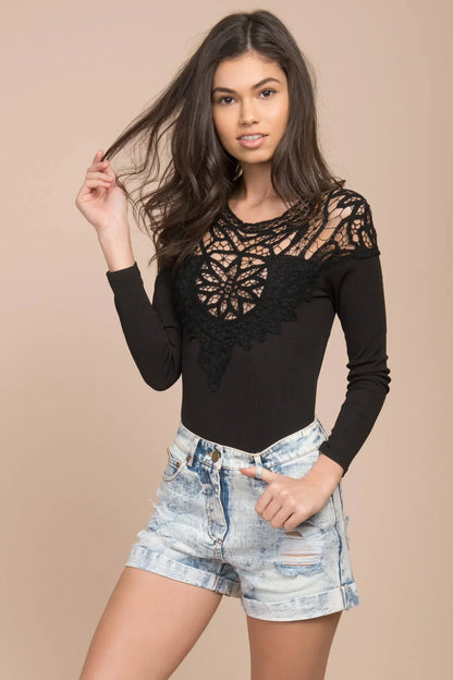 Black Long Sleeve Crochet Open-Back Bodysuit