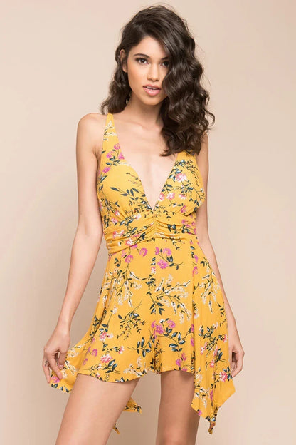 Mustard Yellow Floral Print V-Neckline Asymmetrical Romper