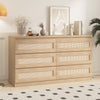 Garvee Rattan Dresser for Bedroom 6 Drawer, Double Dresser with Anti-Tip Kit, Wood Storage Wide Chest of Drawers for Bedroom, Living Room, Hallway, Oak Color