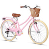Glerc Missy 24" inch Girl Cruiser Kids Bike 6-Speed Teen Hybrid City Bicycle for Youth Ages 7 8 9 10 11 12 13 14 Years Old with Wicker Basket & Lightweight, Pink