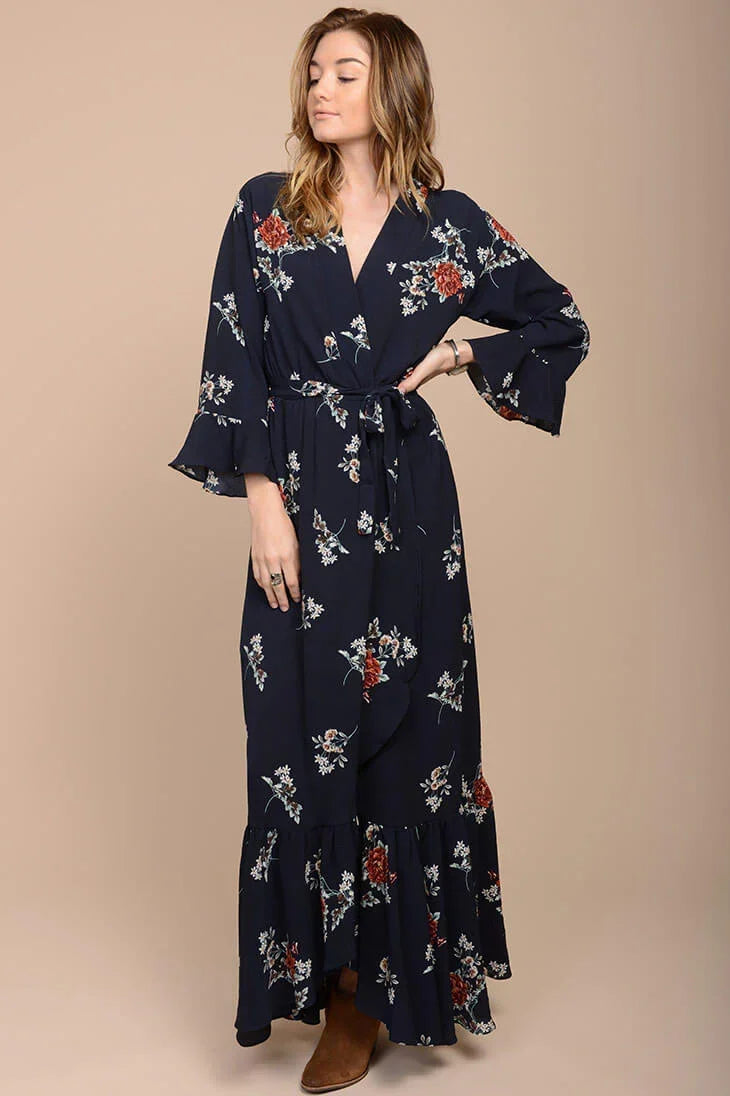 Navy Floral Print Long Sleeve Wrap Maxi Dress