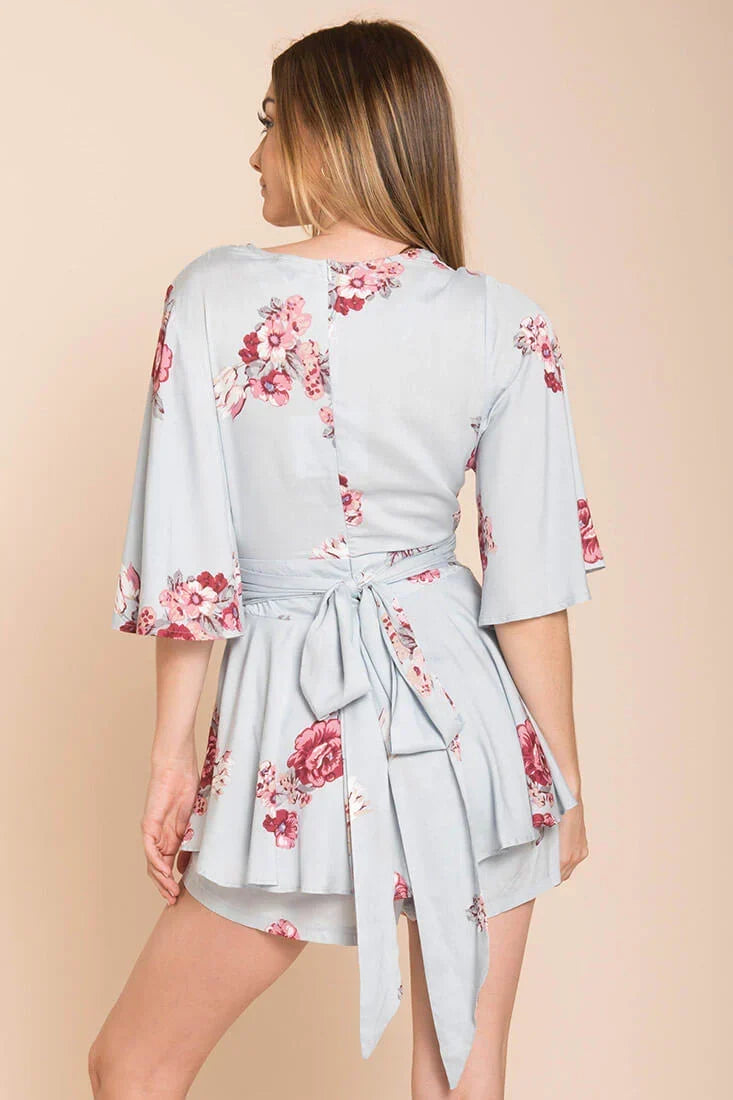 Light Blue Floral Print Deep V-Neck Tie-Back Romper