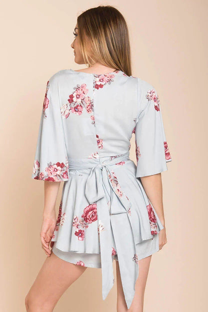 Light Blue Floral Print Deep V-Neck Tie-Back Romper