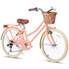 Glerc Missy 24" inch Girl Cruiser Kids Bike 6-Speed Teen Hybrid City Bicycle for Youth Ages 7 8 9 10 11 12 13 14 Years Old with Wicker Basket & Lightweight, Pink