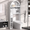 HARIPUL Over The Toilet Storage Cabinet w/ Unique Wood Grain & Arc Design, Freestanding Bathroom Shelf Organizer Space Saver w/ Doors & Anti-Tip Device, Wood Color