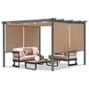Aoodor 12 x 12 ft. Outdoor Pergola with Retractable Shade Canopy, Dark Gray Matte Aluminum Frame, 4 Pieces Roller Shade Curtain, Grape Trellis Pergola for Patio Backyard and Deck - Brown