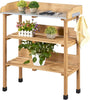 Outdoor Garden Potting Bench Table Wooden Horticulture Planting Worstation w/Metal Tabletop/Storage Shelf/3 Hooks, Natural Wood