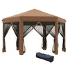 13x13 Pop Up Canopy, Hexagonal Brown Canopy with Mesh Walls - Adjustable Outdoor Camping Tent with Steel Frame & Stakes