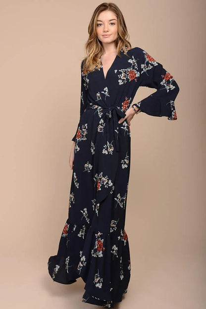 Navy Floral Print Long Sleeve Wrap Maxi Dress