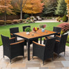 7 Pieces Outdoor Patio Dining Set, Patio Wicker Furniture Dining Set with 6 Chairs and Acacia Wood Top for Yard, Garden, Porch and Poolside, Black