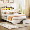 Full Size Bed Frame with Headboard, Full Bed Frame with Charging Station, LED Beds with 2 Storage Drawers,  Wood Farmhouse Bedframe, White