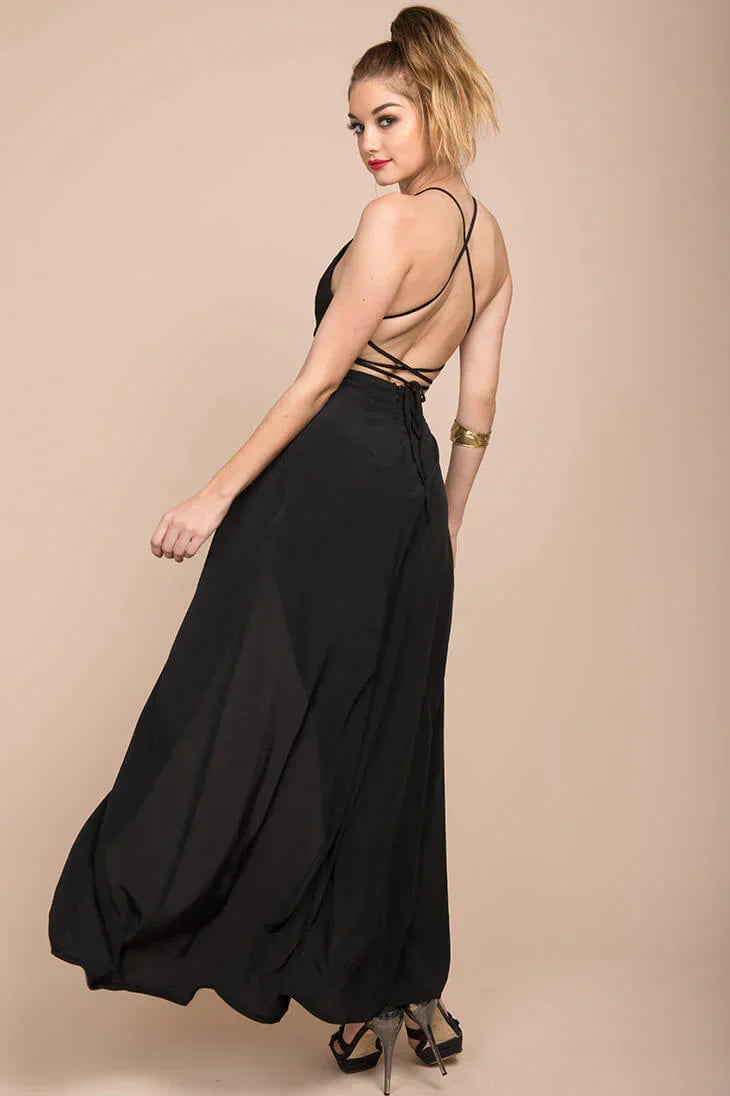 Black Deep V-Neck Open-Back Maxi Romper