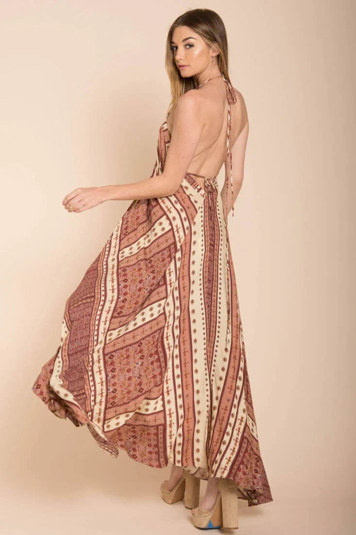 Rust Patterned V-Neck Open-Back High-Low Maxi Dress