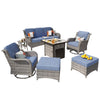 Ovios 7 Piece Wicker Outdoor Patio Dining Set with Fire Pit Table, Grey