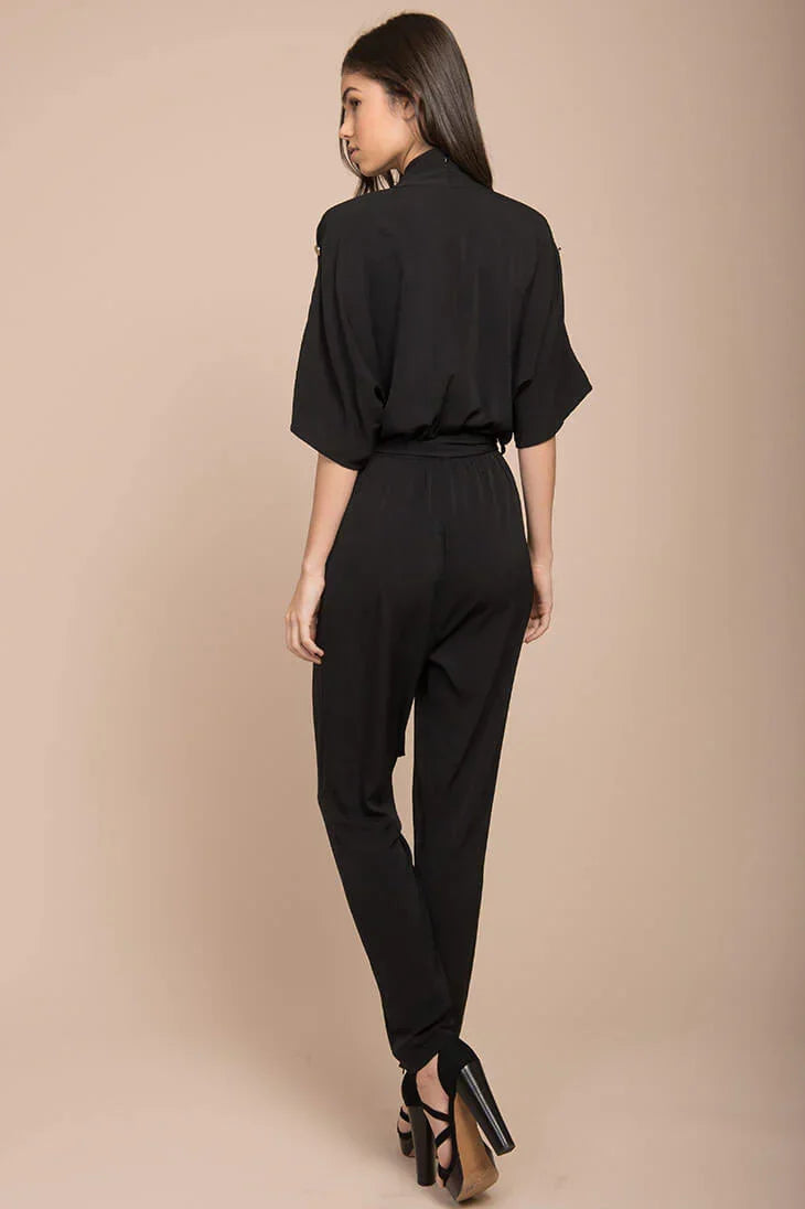 Black Half-Sleeve V-Neck Tie-Waist Bohemian Jumpsuit