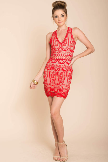 Red Lace V-Neck Open-Back Bodycon Mini Dress