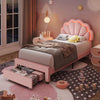 Homfa Twin Bed Frame with Storage & LED Light, Velvet Upholstered Platform Twin Bed with Adjustable Petal Headboard, Beige