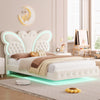 Homfa Twin Size Velvet Upholstered Bed with LED Lights, Floating Platform Bed Frame with Butterfly Crystal Button Tufted Headboard, Pink
