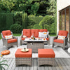 Vcatnet 6 Pieces Outdoor Patio Furniture All Weather Wicker High-Back Conversation Set with Fire Pit Table and Ottoman,Diamond Blue