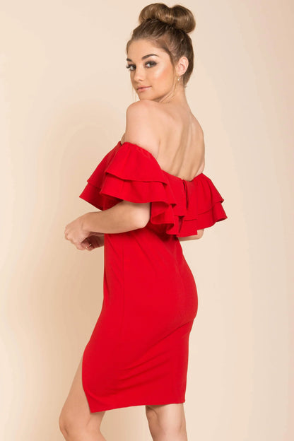 Red Off-The-Shoulder Ruffle Bodycon Knee-Length Dress