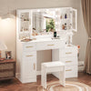 UGTOO 58.3" White Vanity Desk with Mirror, Adjustable Lighting, Power Outlet, Drawers, with Stool